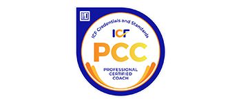 ICF Professional Certified Coach (PCC) badge with blue and orange design.