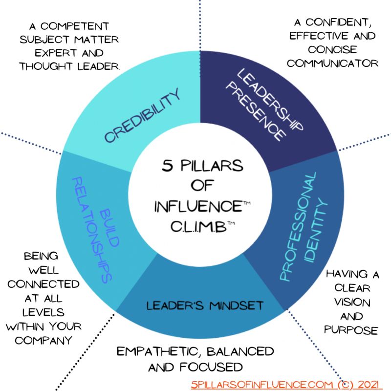Diagram showing 5 pillars of influence and climb for leadership success.