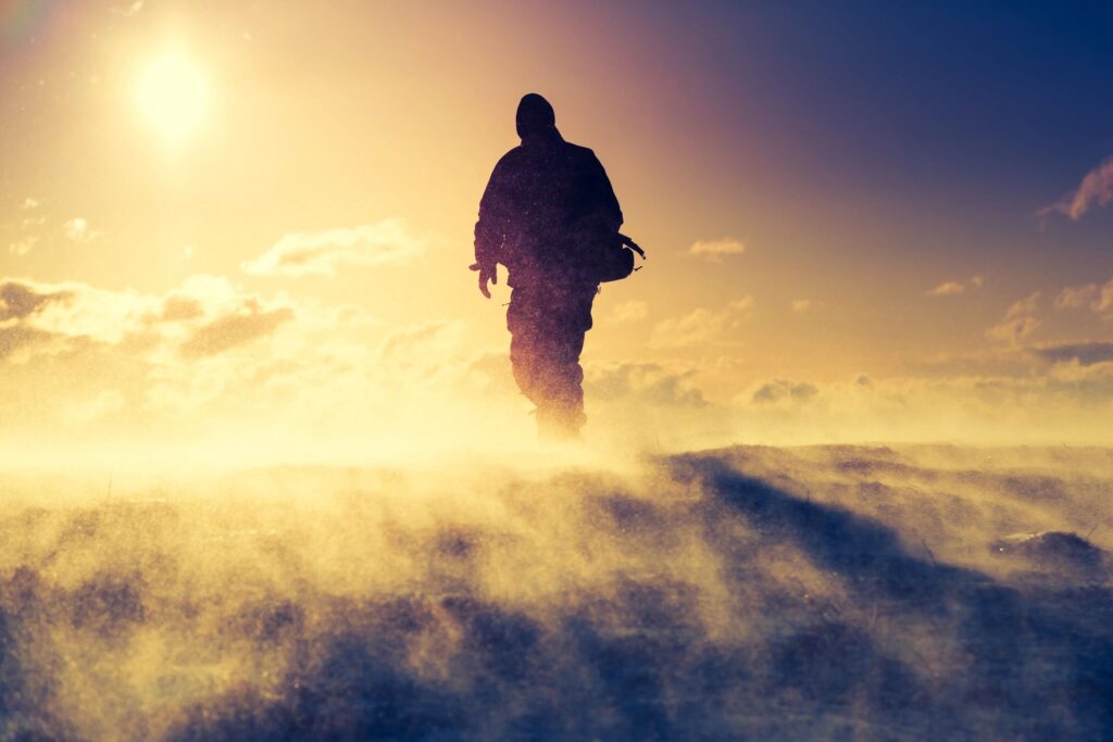 fm=f_72971 A lone figure walks through a misty, golden-hued landscape at sunrise or sunset.
